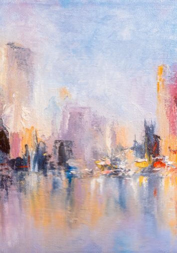 Skyline city view with reflections on water. Original oil painting on canvas,