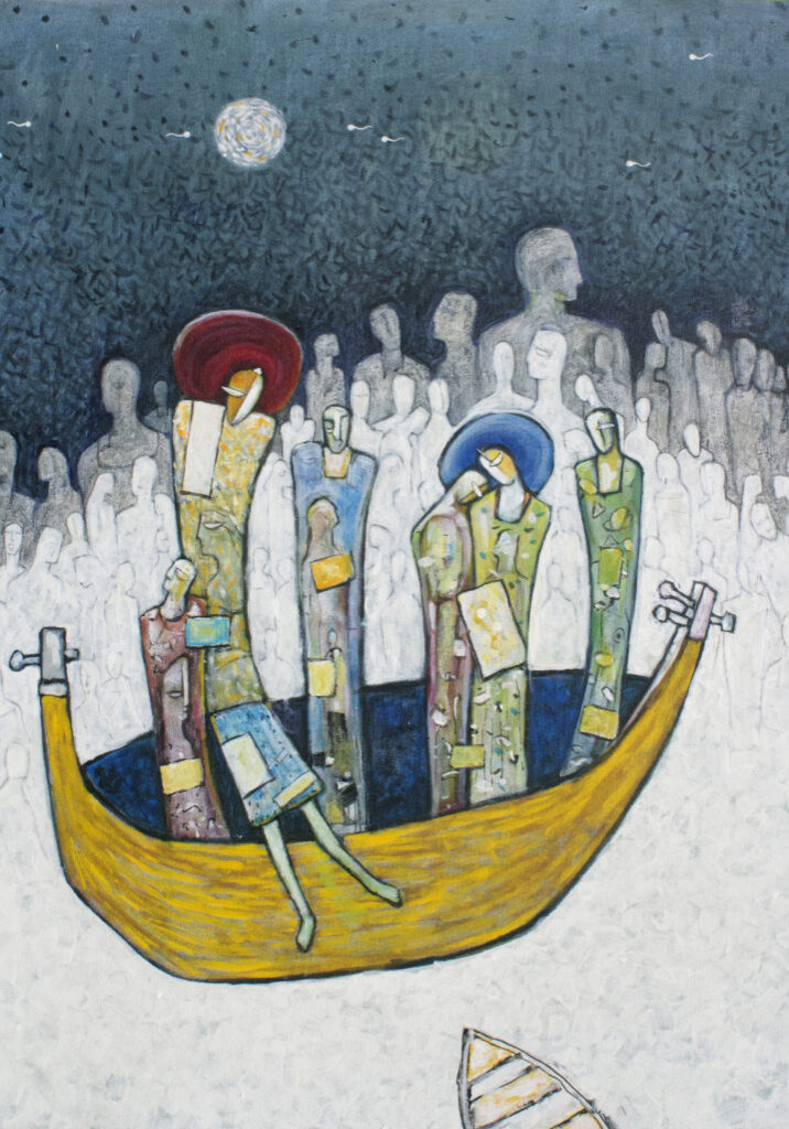 Surreal painting on canvas. Abstract people floats in the boat in the sea of human souls